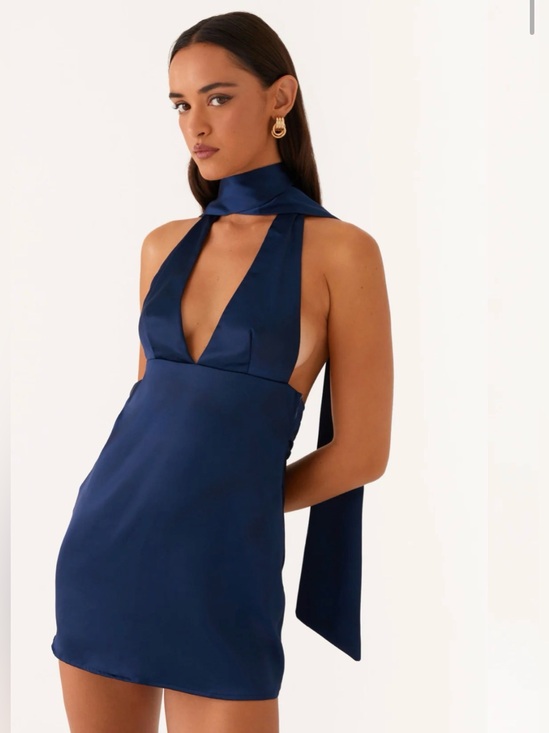 Peppermayo Dresses & Skirts - Navy Alicia Satin Halter Mini Dress